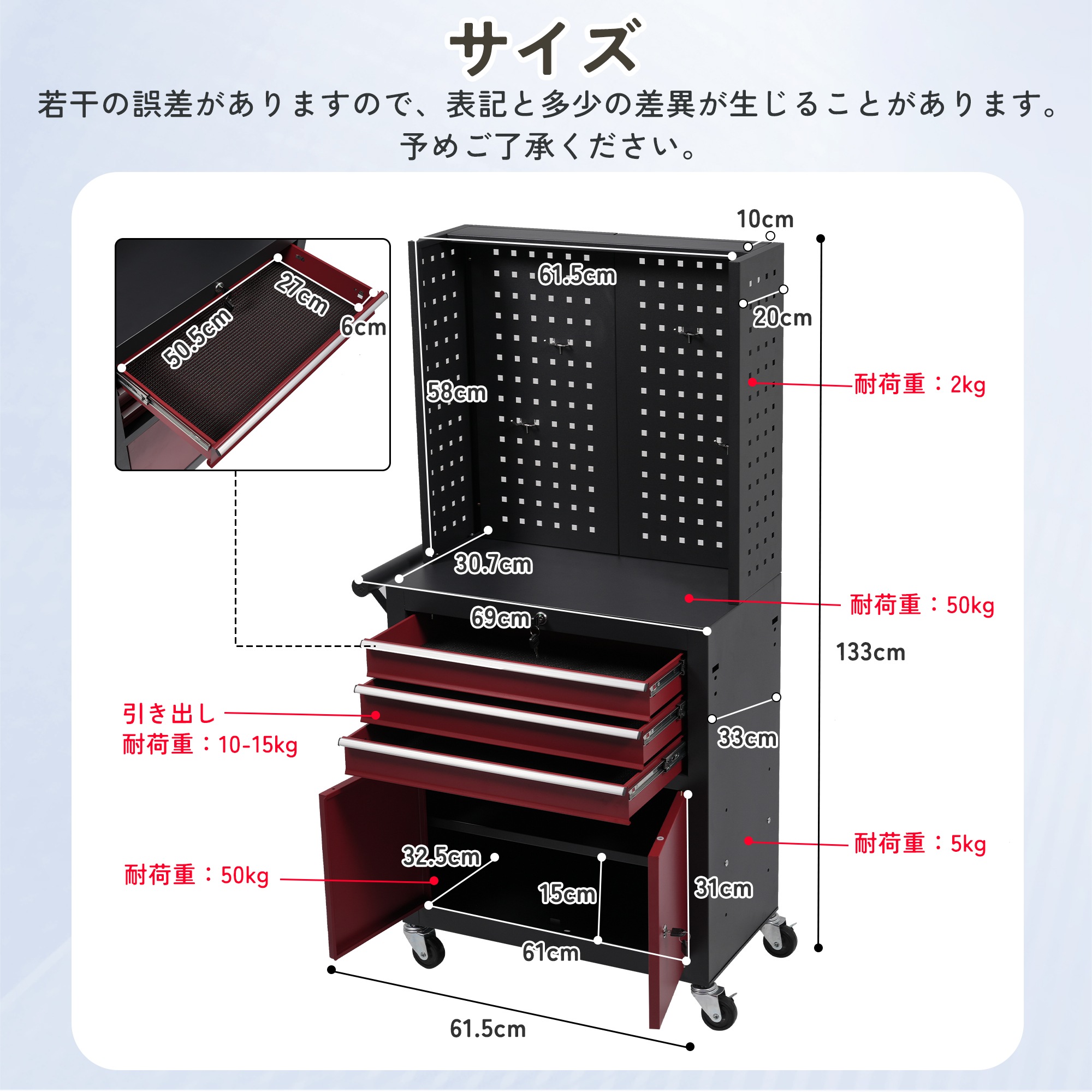 【国内出荷は送.料.無.料】ツールキャビネット 多機能 ツールワゴン ツールカート工具カート ロールキャビネット スチール ローラーキャビネット ハンドル 耐荷重50KG フック付 DIY 引き出し_3