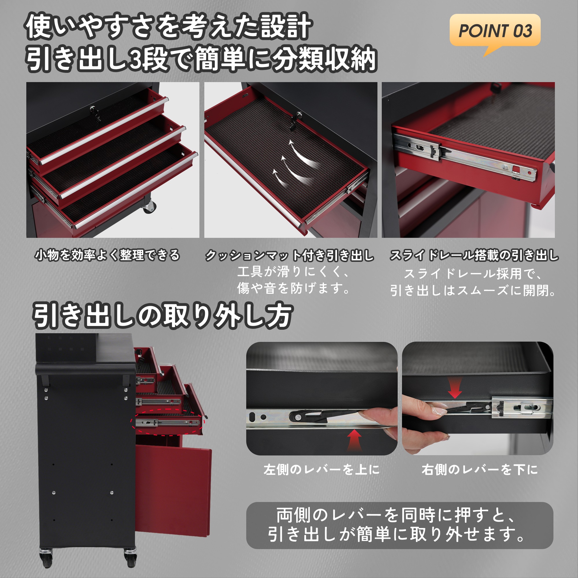 【国内出荷は送.料.無.料】ツールキャビネット 多機能 ツールワゴン ツールカート工具カート ロールキャビネット スチール ローラーキャビネット ハンドル 耐荷重50KG フック付 DIY 引き出し_9