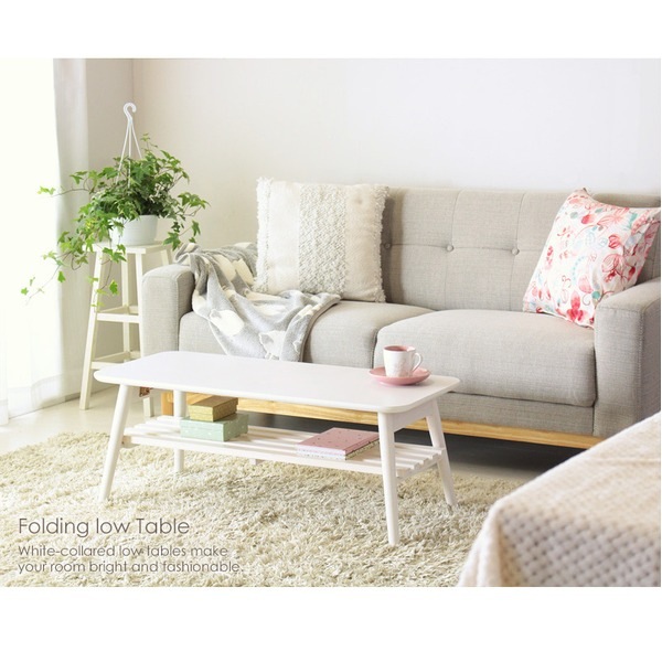 折りたたみテーブル 棚付き ホワイト 幅90cm