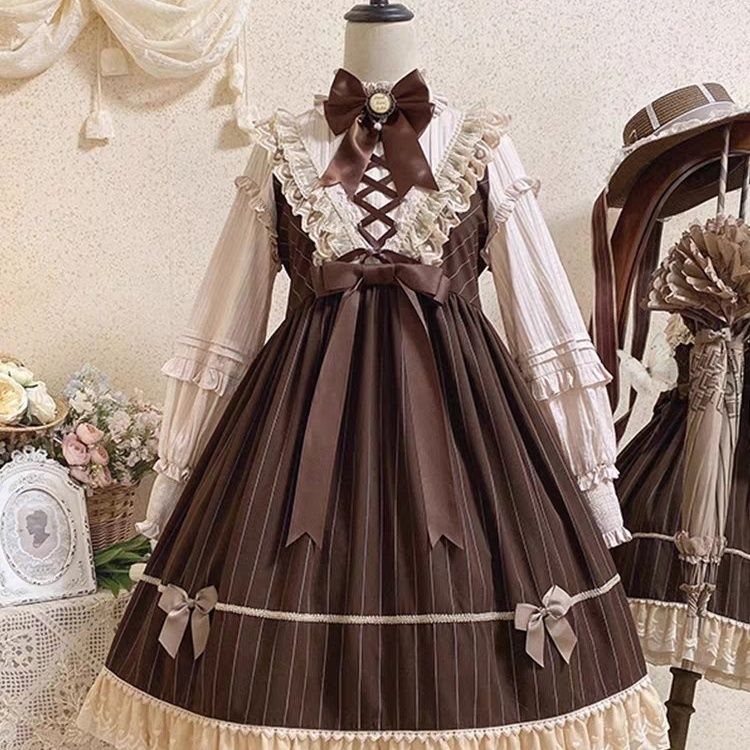 【値下げ！】15%値下げ ブラウン かわいい クラシック ロリータ 長袖 OPワンピース ふんわり 重厚レース フェミニン プリンセスドレス 2026新作_4