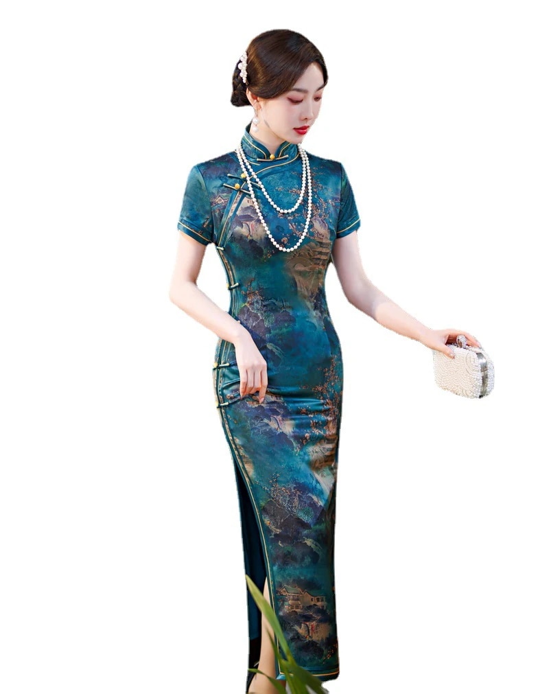 ワンピースドレスドレスグリーンチョンサムロングカレッジの入学試験2025夏のレトロ漢服スタイルヤングトレッジドレス ワンピースドレスドレスグリーンチョンサムロングカレッジの入学試験2025夏のレトロ漢服スタイルヤングトレッジドレス