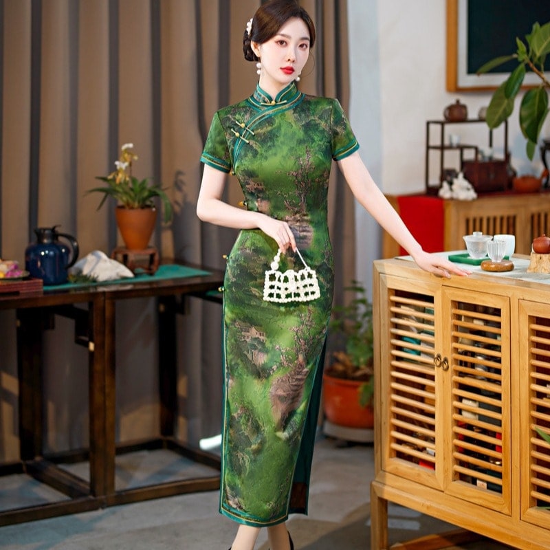 ワンピースドレスドレスグリーンチョンサムロングカレッジの入学試験2025夏のレトロ漢服スタイルヤングトレッジドレス ワンピースドレスドレスグリーンチョンサムロングカレッジの入学試験2025夏のレトロ漢服スタイルヤングトレッジドレス