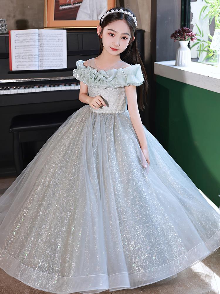 今月上新子供ドレス グリーン ピアノ発表会ドレス ロングドレス オフショルダー パール 可愛い 演奏会ドレス シャンパン色 女児ドレス ピアノ発表会 コンクール キッズドレス フォーマル 100~16_1