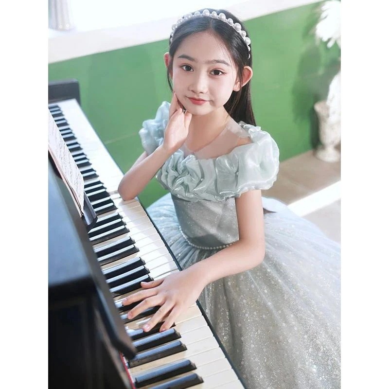 今月上新子供ドレス グリーン ピアノ発表会ドレス ロングドレス オフショルダー パール 可愛い 演奏会ドレス シャンパン色 女児ドレス ピアノ発表会 コンクール キッズドレス フォーマル 100~16_4