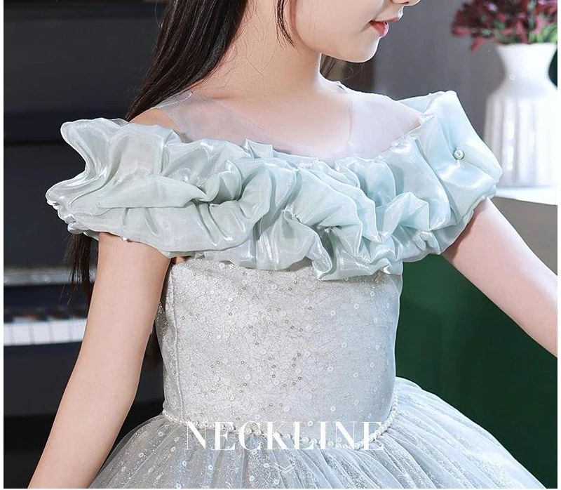 今月上新子供ドレス グリーン ピアノ発表会ドレス ロングドレス オフショルダー パール 可愛い 演奏会ドレス シャンパン色 女児ドレス ピアノ発表会 コンクール キッズドレス フォーマル 100~16_7