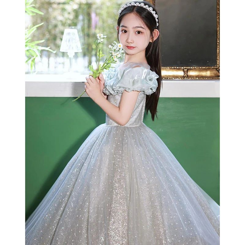 今月上新子供ドレス グリーン ピアノ発表会ドレス ロングドレス オフショルダー パール 可愛い 演奏会ドレス シャンパン色 女児ドレス ピアノ発表会 コンクール キッズドレス フォーマル 100~16_8