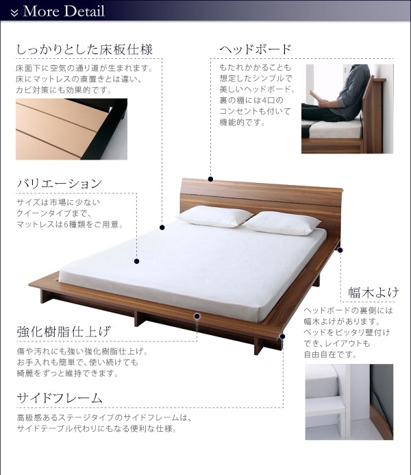 棚/4口コンセント付き デザインフロアローベッド [Douce]デュース [スタンダードポケットコイルマットレス付き] シングル [フレーム色]ブラック [マットレス色]ホワイト