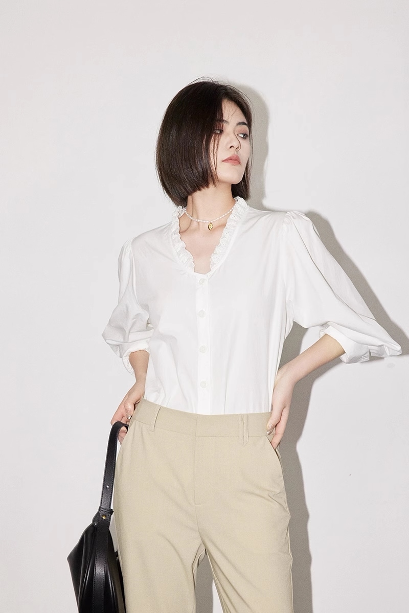 フレンチ ニッチ シャツ Vネック 通気性 通勤 長袖 トップス 個性的 トップス シャツ 白シャツ 白トップス 袖あり 長袖 Vネック 襟付き 大人可愛い きれいめ シンプル カジュアル 大人 上品