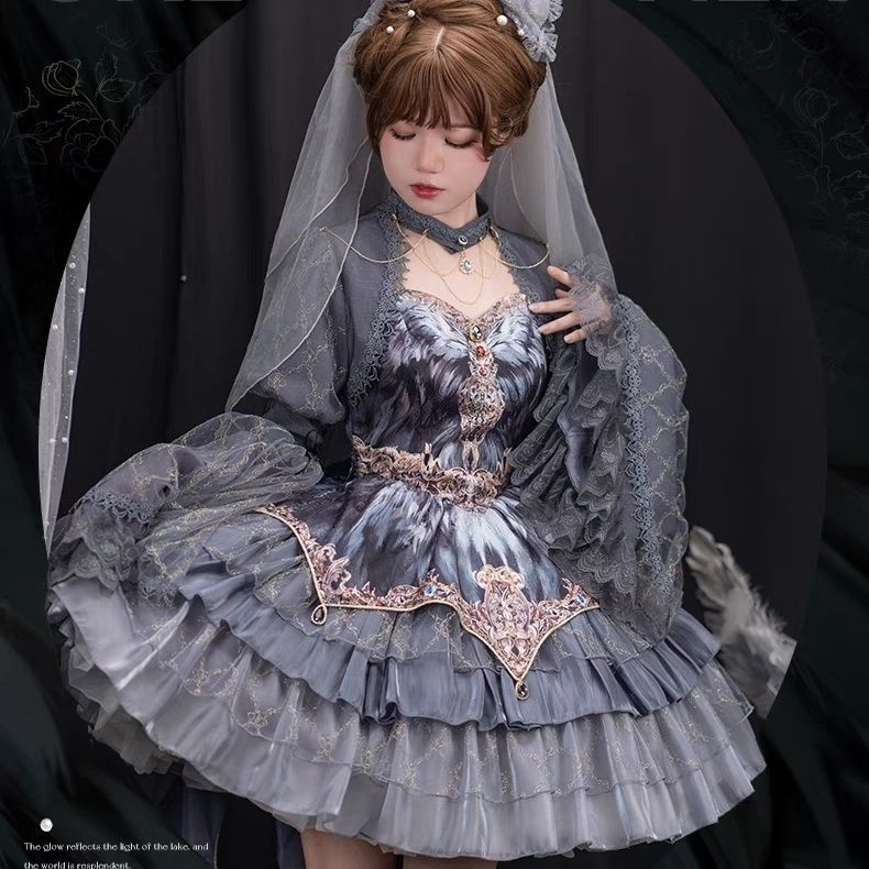 本格ロリータ白鳥の舞・グレーフェザー ロリータドレス 多層ケーキスカート ハロウィン 本格ロリータ白鳥の舞・グレーフェザー ロリータドレス 多層ケーキスカート ハロウィン