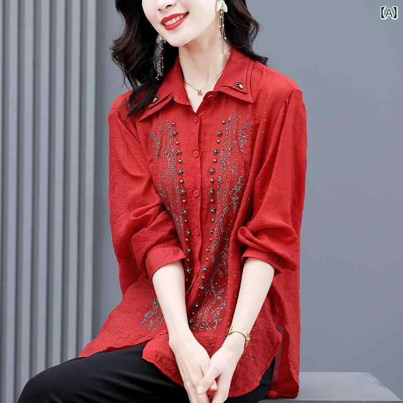 レディース 長袖 シャツ トップス エレガント レッド おしゃれ きれいめ 日常着 フォーマル お呼ばれ アップ