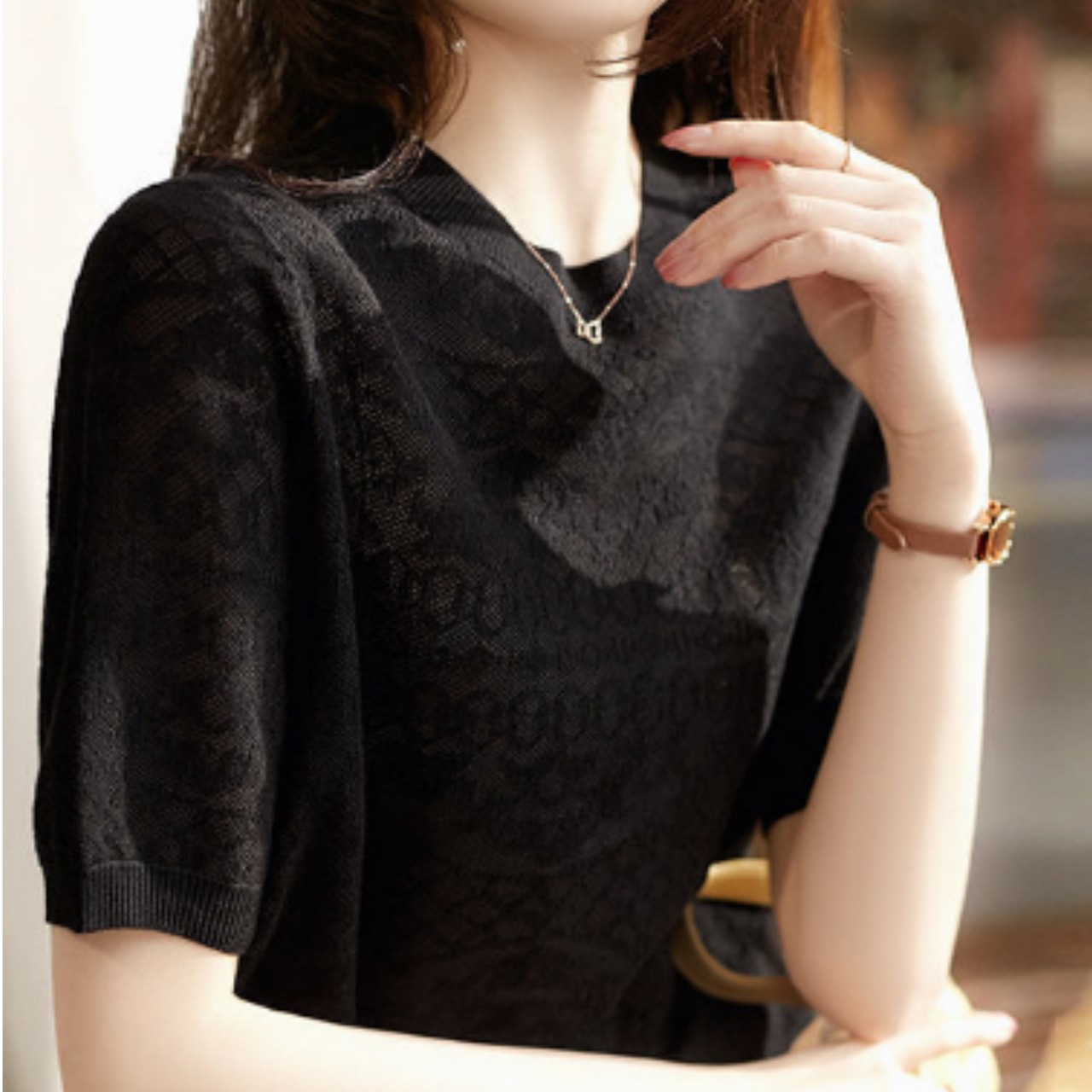 トップス セーター Tシャツ レディース ニット 袖あり 半袖 ストレート 透け感 ラウンドネック 襟なし かわいい 大人可愛い きれいめ シンプル 大人 おしゃれ お洒落 大人女子 こなれ感 ラフ