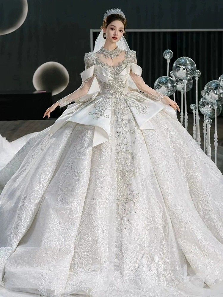 サテン ウェディングドレス 25 花嫁 感 重工業 豪華 長袖 大裾白主糸