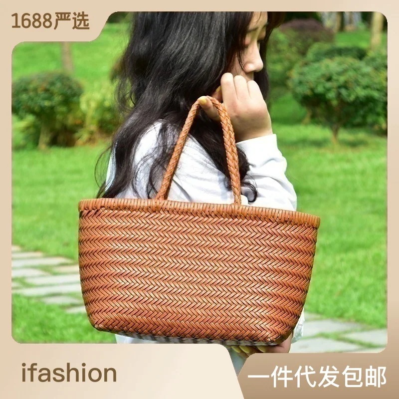 編みバッグフレンチ本革菜かごバッグ