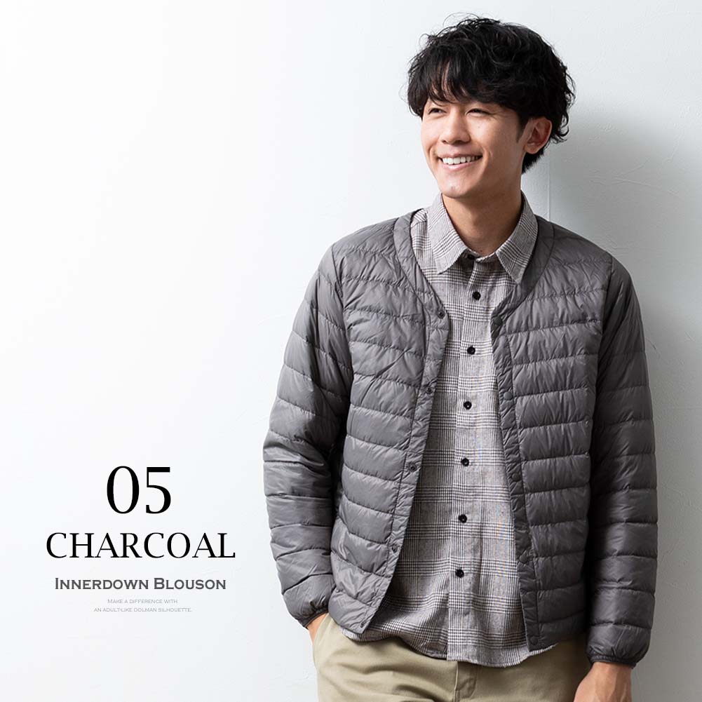 インナーダウン ジャケット メンズ 秋冬 ダウン90％ 軽量 防寒 抗菌 防臭 クルーネック ポケッタブル ライトダウン 暖かい インナージャケット 冬服 おしゃれ ブルゾン 無地 黒 チャコール M