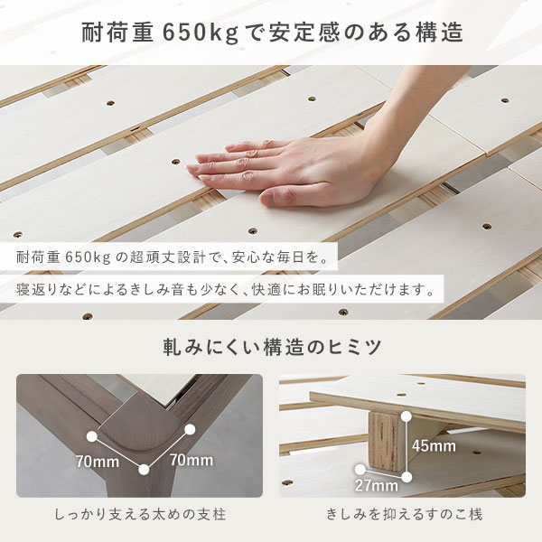 ベッド シングル ボンネルコイルマットレス付き ナチュラル 頑丈 すのこ 棚付き コンセント付き 高さ調整可 耐荷重650kg 木製