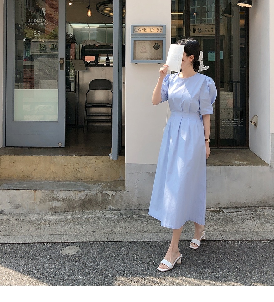 2色 ワンピース 半袖 春 秋 きれいめ フォーマル Aライン ワンピドレス 膝下 ミドル丈 五分袖 パフスリーブ ラウンドネック スリム 透け感 青 ブルー 大人カラー 春カラー 秋カラー アプリコ