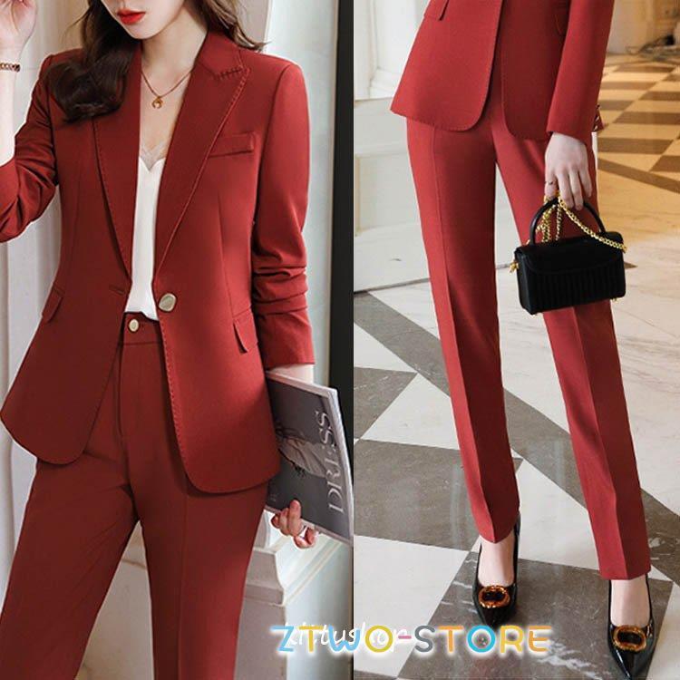 スーツパンツスーツスーツ フォーマル ベージュ 卒業式 通勤 レディース ブルー 2点セット 40代 20代 秋 スーツ パンツスーツ OL カジュアルスーツ ワイン赤 30代 入学式 春 スーツ