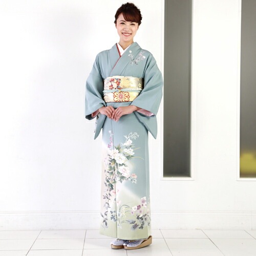 レンタル 正絹京友禅訪問着 レンタル １９点フルコーディネートレンタルセット 結婚式 七五三 入学式 ママ 披露宴 お茶会 水色地に淡い緑のぼかし 芍薬 菊 梅 30代 40代 50代 60