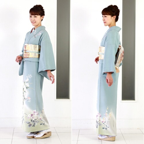 レンタル 正絹京友禅訪問着 レンタル １９点フルコーディネートレンタルセット 結婚式 七五三 入学式 ママ 披露宴 お茶会 水色地に淡い緑のぼかし 芍薬 菊 梅 30代 40代 50代 60