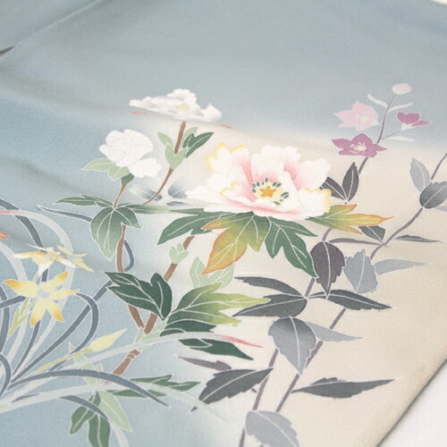 レンタル 正絹京友禅訪問着 レンタル １９点フルコーディネートレンタルセット 結婚式 七五三 入学式 ママ 披露宴 お茶会 水色地に淡い緑のぼかし 芍薬 菊 梅 30代 40代 50代 60