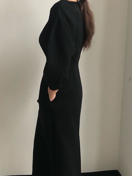 ワンピース レディース シンプルワンピース ボリュームスリーブ タイト ロング丈 ドレス クルーネック カシュクール 長袖 ミモレ丈 ハイウエスト バルーンスリーブ ウエストリボン ブラック ワンピース レディース シンプルワンピース ボリュームスリーブ タイト ロング丈 ドレス クルーネック カシュクール 長袖 ミモレ丈 ハイウエスト バルーンスリーブ ウエストリボン ブラック