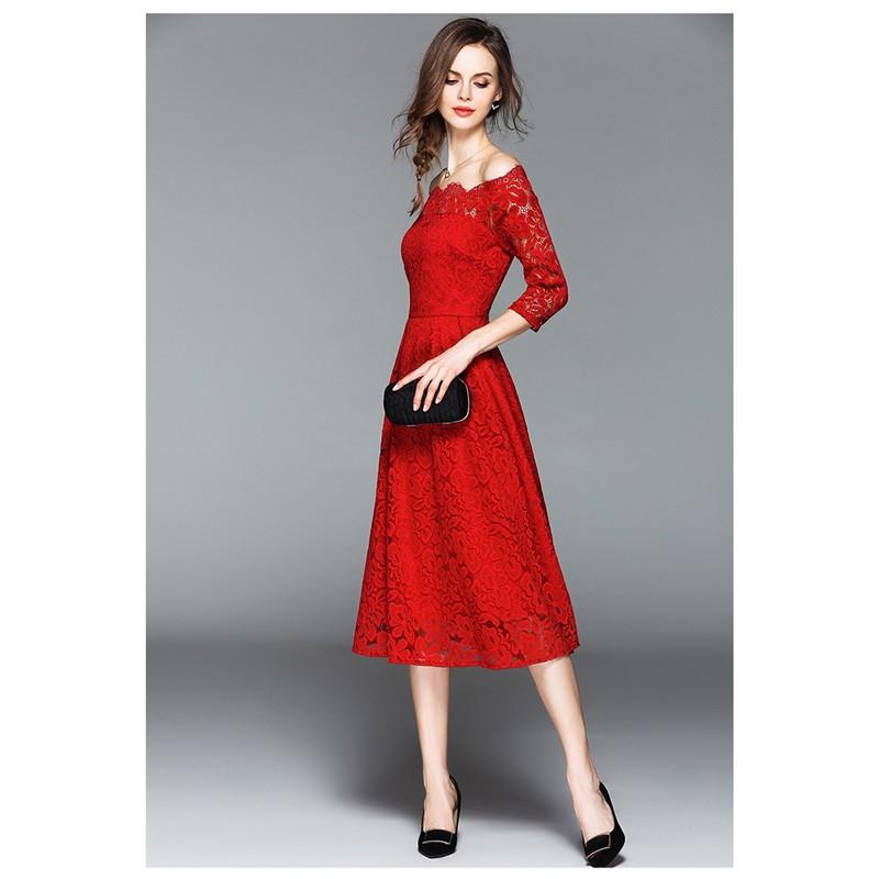 【激安開催！】ワンピース 結婚式 お呼ばれ 発表会 パーティードレス スエレガンス 総レース 着痩せ 大きいサイズ ボートネック Aライン 長袖 キレイめ フォーマル