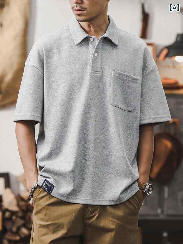 Tシャツ 半袖 メンズ 夏 ポロシャツ アメリカン レトロ 男性 ポケット 綿 アメカジ ベーシック グレー オフホワイト ブラック 黒 白