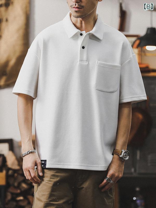 Tシャツ 半袖 メンズ 夏 ポロシャツ アメリカン レトロ 男性 ポケット 綿 アメカジ ベーシック グレー オフホワイト ブラック 黒 白