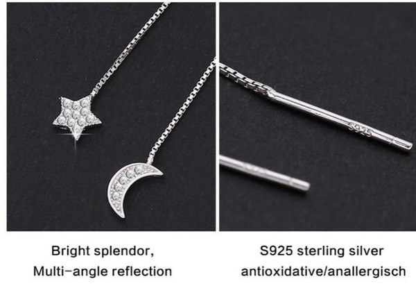 925スターリングシルバーイヤリング9.5cmスターアンドムーンタッセルイヤリングロングイヤーライン 925スターリングシルバーイヤリング9.5cmスターアンドムーンタッセルイヤリングロングイヤーライン