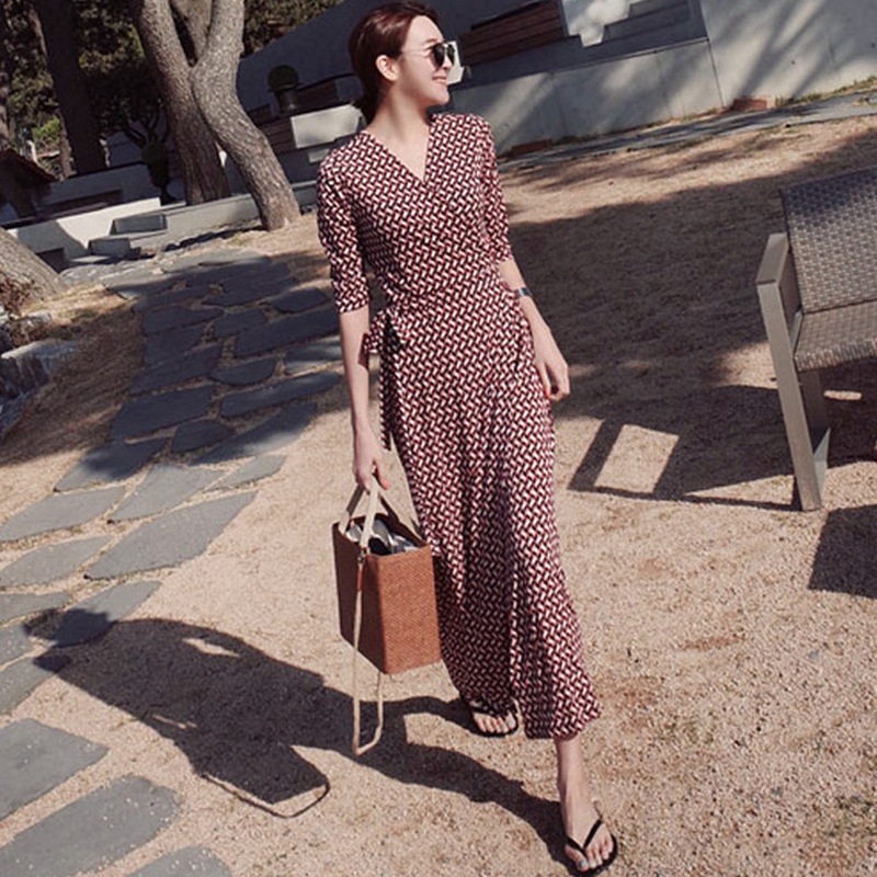 ワンピース レディース 7分袖 カシュクール ロング丈 Vネック スリット スリム エレガント 主役級 ボタニカル フラワー 誕生日 二次会 ママ リゾート 旅行 楽ちん 2XL レッド ワイン