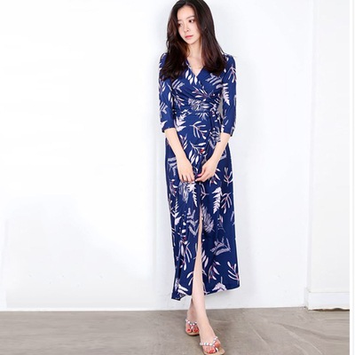 ワンピース レディース 7分袖 カシュクール ロング丈 Vネック スリット スリム エレガント 主役級 ボタニカル フラワー 誕生日 二次会 ママ リゾート 旅行 楽ちん 2XL レッド ワイン