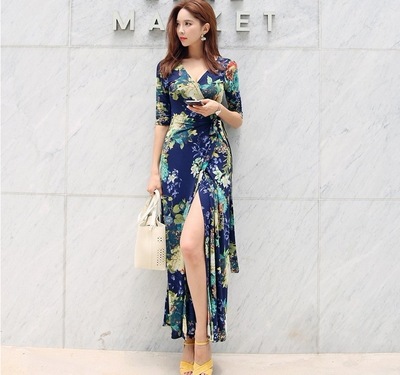 ワンピース レディース 7分袖 カシュクール ロング丈 Vネック スリット スリム エレガント 主役級 ボタニカル フラワー 誕生日 二次会 ママ リゾート 旅行 楽ちん 2XL レッド ワイン