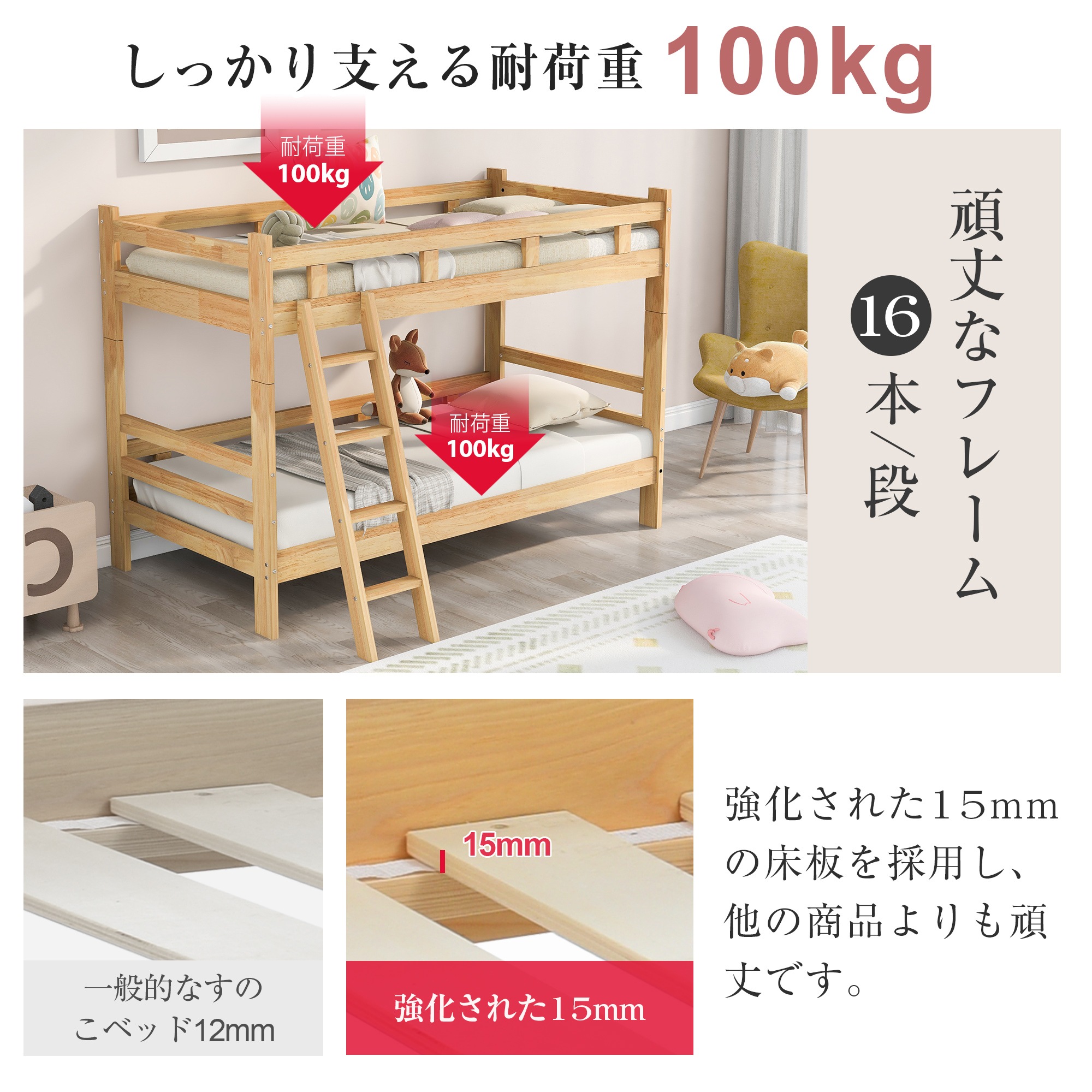 子供ベッド 二段ベッド 大人用可 子供部屋 社員寮 学生寮 耐震 木製