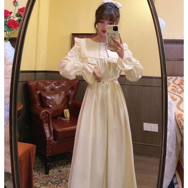 ロングワンピース大きめ襟フレアハイウエストフェミニン大人可愛いきれいめ上品 母の日