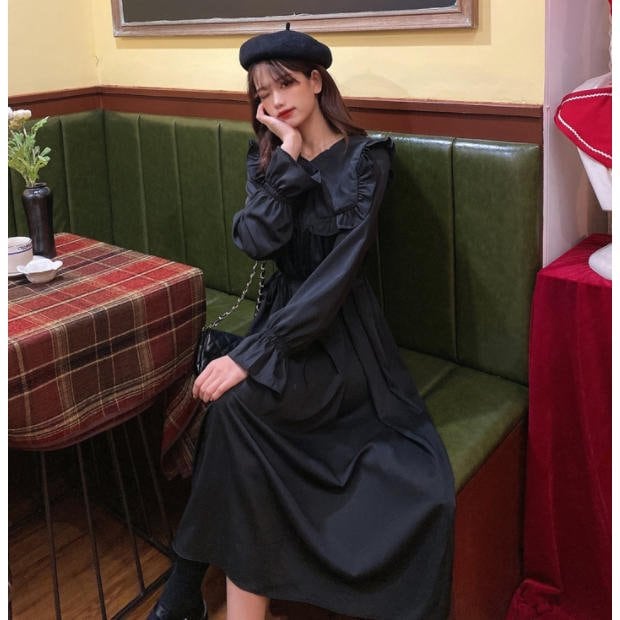 ロングワンピース大きめ襟フレアハイウエストフェミニン大人可愛いきれいめ上品 母の日