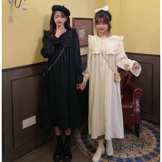 ロングワンピース大きめ襟フレアハイウエストフェミニン大人可愛いきれいめ上品 母の日