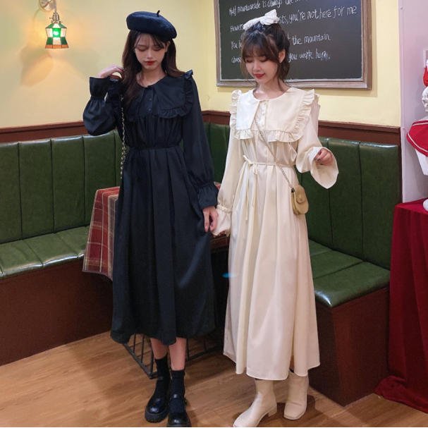 ロングワンピース大きめ襟フレアハイウエストフェミニン大人可愛いきれいめ上品 母の日