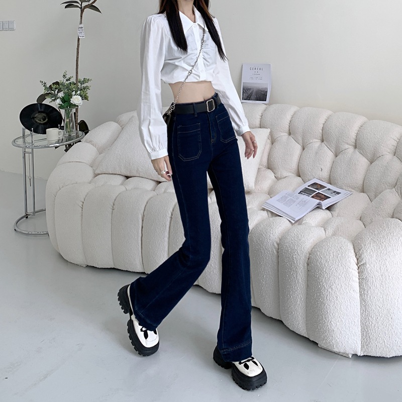 濃紺のマイクロフレアージーンズ女性新しい春のハイウエストl熱い女の子薄いドラッグパンツ春春冬春と春