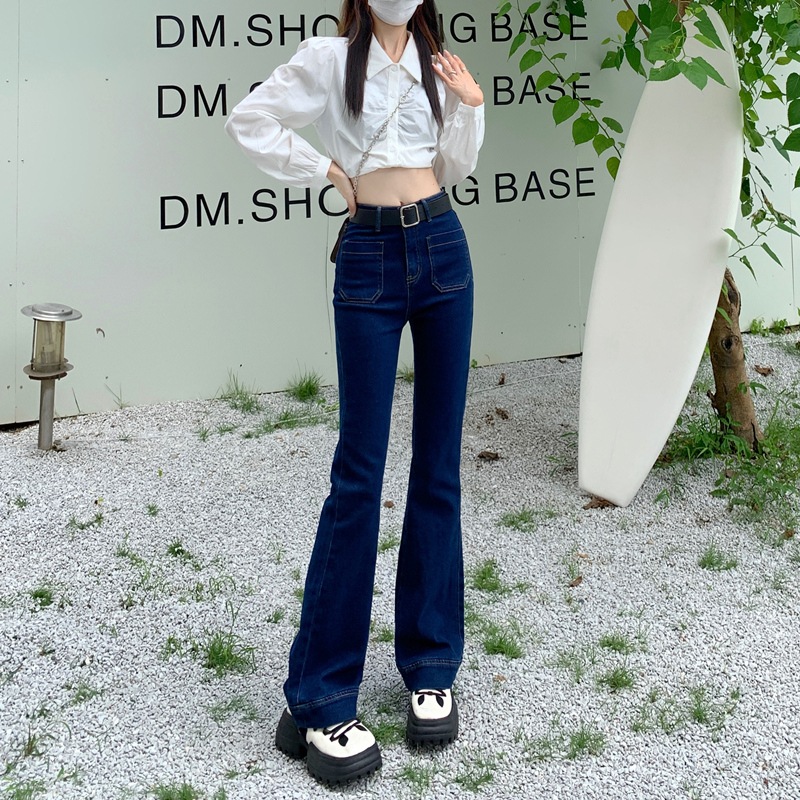 濃紺のマイクロフレアージーンズ女性新しい春のハイウエストl熱い女の子薄いドラッグパンツ春春冬春と春