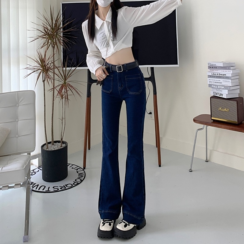 濃紺のマイクロフレアージーンズ女性新しい春のハイウエストl熱い女の子薄いドラッグパンツ春春冬春と春