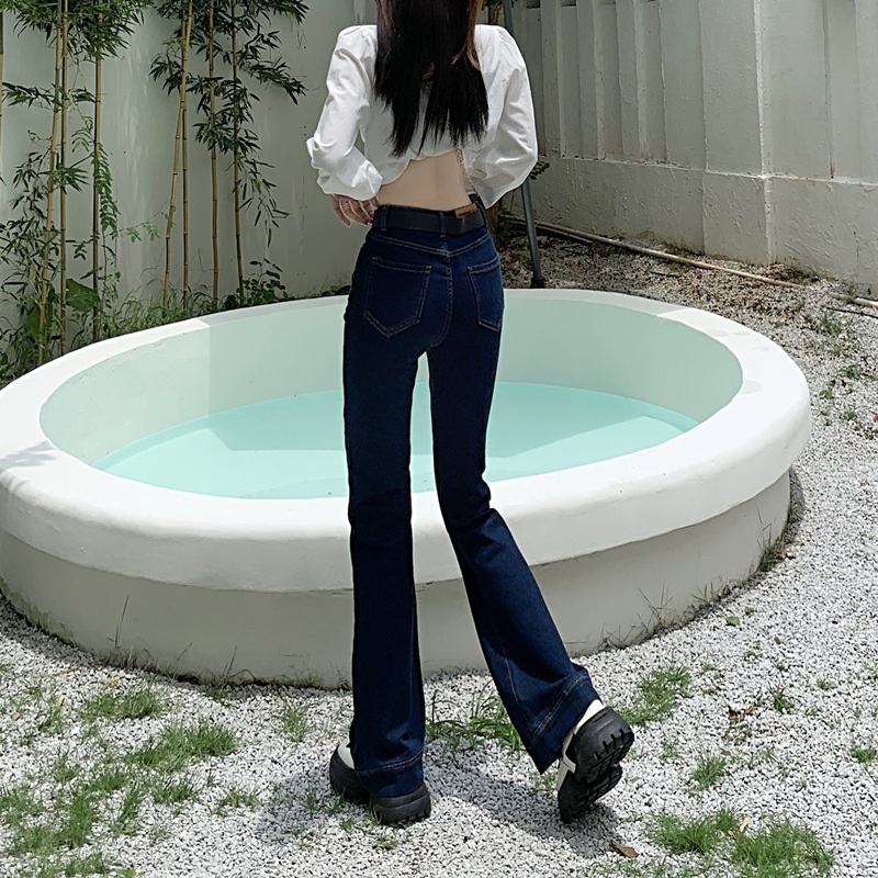 濃紺のマイクロフレアージーンズ女性新しい春のハイウエストl熱い女の子薄いドラッグパンツ春春冬春と春