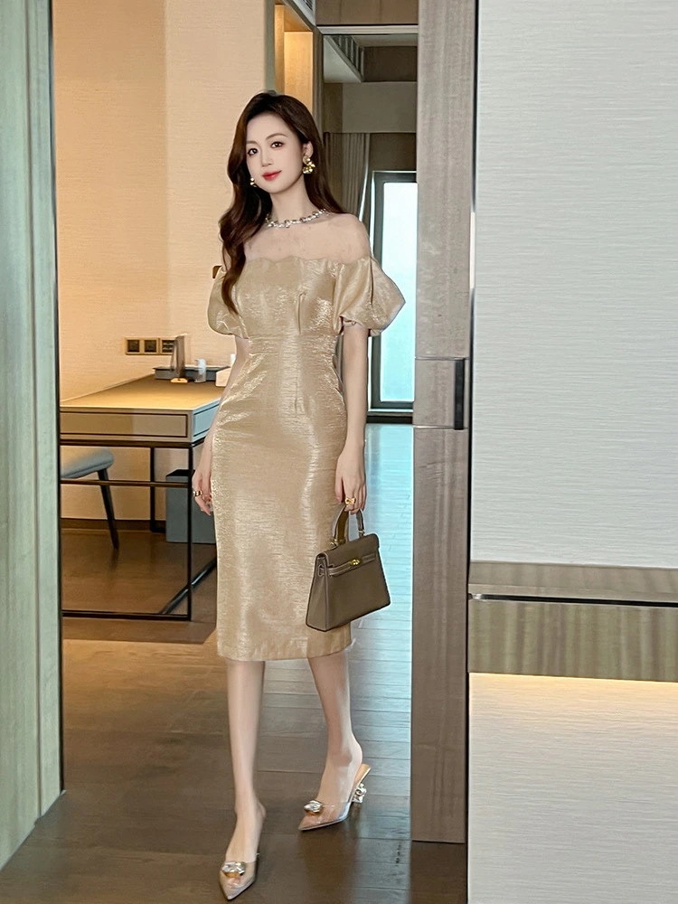 2024夏新品 ベアワンピ オフショルダー フリル チュールドッキング ドレス パーティー キャバ 大人 同窓会 披露宴 卒業式 結婚式 演奏会 ウェディング 二次会 メガ割