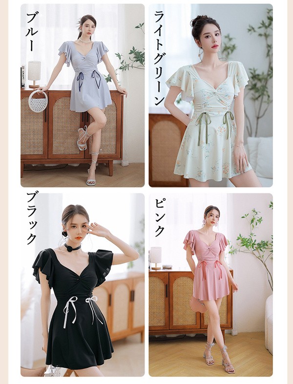 水着 レディース ワンピース 体型カバー水着 大きいサイズ ぽっちゃり かわいい おしゃれ フリル袖 ハイウエスト 露出控えめ カットアウト カッティング 二の腕 お尻 太もも お腹 カバーアップ