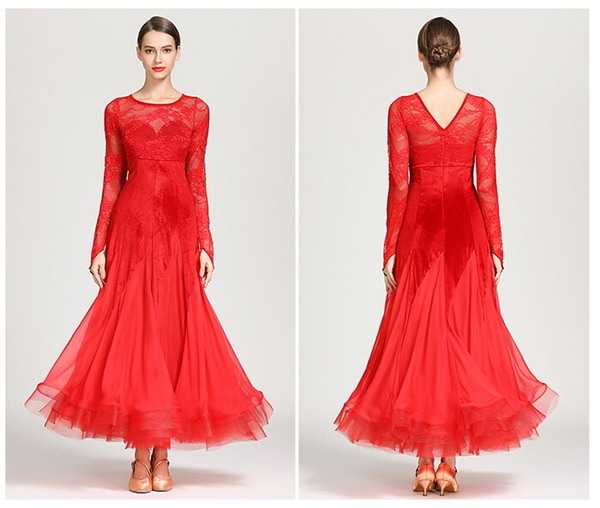 社交ダンス モダンドレス ドレス ブラック グリーン レッド 黒 緑 赤 練習 競技 レース ワンピース フリル スタンダードドレス イベント舞台 競技着 演出 ワルツダンス 大きい裾 モダンダンス