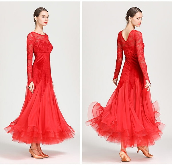 社交ダンス モダンドレス ドレス ブラック グリーン レッド 黒 緑 赤 練習 競技 レース ワンピース フリル スタンダードドレス イベント舞台 競技着 演出 ワルツダンス 大きい裾 モダンダンス