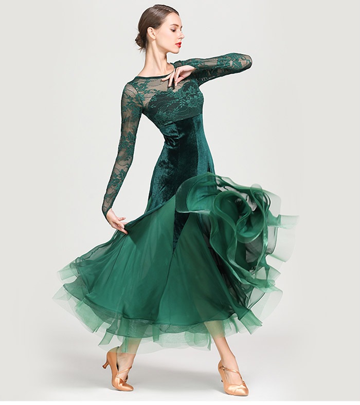 社交ダンス モダンドレス ドレス ブラック グリーン レッド 黒 緑 赤 練習 競技 レース ワンピース フリル スタンダードドレス イベント舞台 競技着 演出 ワルツダンス 大きい裾 モダンダンス