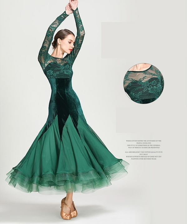 社交ダンス モダンドレス ドレス ブラック グリーン レッド 黒 緑 赤 練習 競技 レース ワンピース フリル スタンダードドレス イベント舞台 競技着 演出 ワルツダンス 大きい裾 モダンダンス