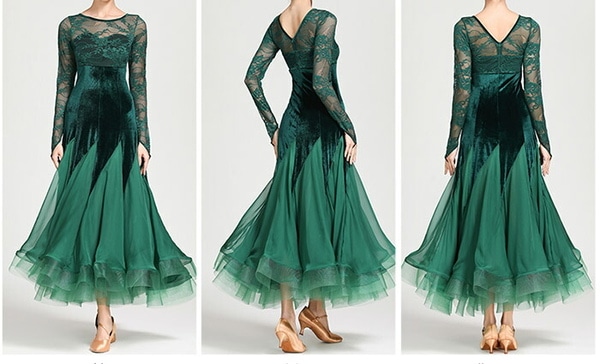 社交ダンス モダンドレス ドレス ブラック グリーン レッド 黒 緑 赤 練習 競技 レース ワンピース フリル スタンダードドレス イベント舞台 競技着 演出 ワルツダンス 大きい裾 モダンダンス