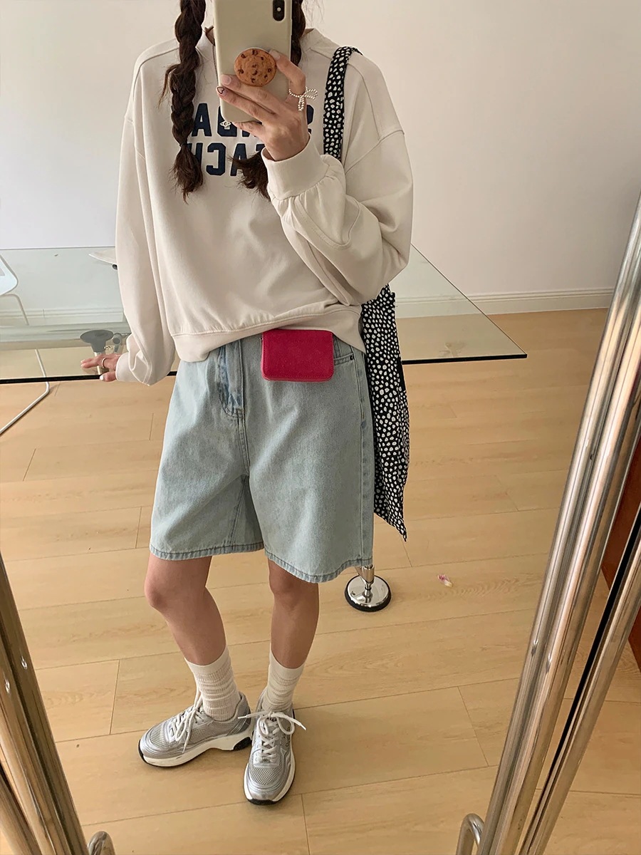 黄正小柄刺繍入り5点デニムショートパンツ レディース 2024春夏 韓国風ワイドレッグカジュアルパンツ 141kh0