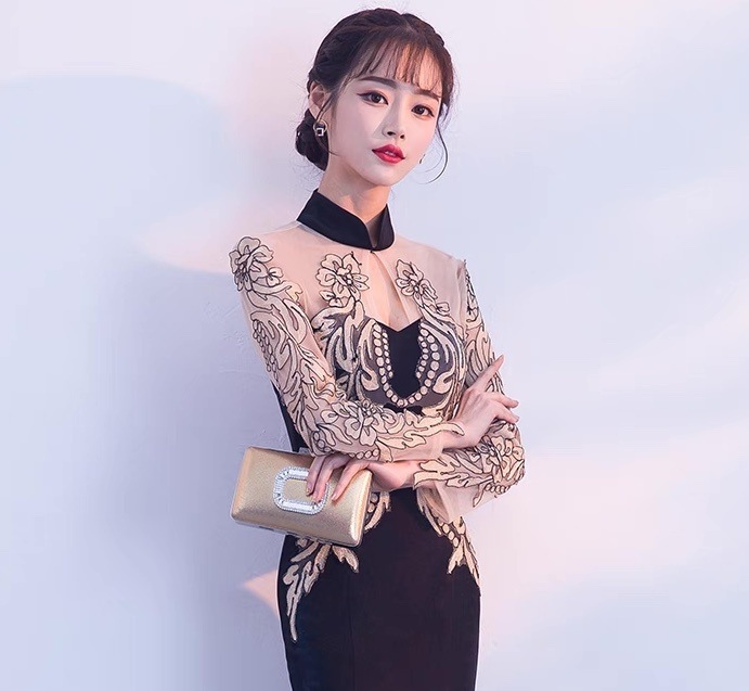 ドレス パーティー 長袖 スタンドカラー マーメイド スレンダー タイト スリム フレア カクテル 刺繍 切り替えデザイン ドッキング バックシャン バックコンシャス ハイウエスト 透け感